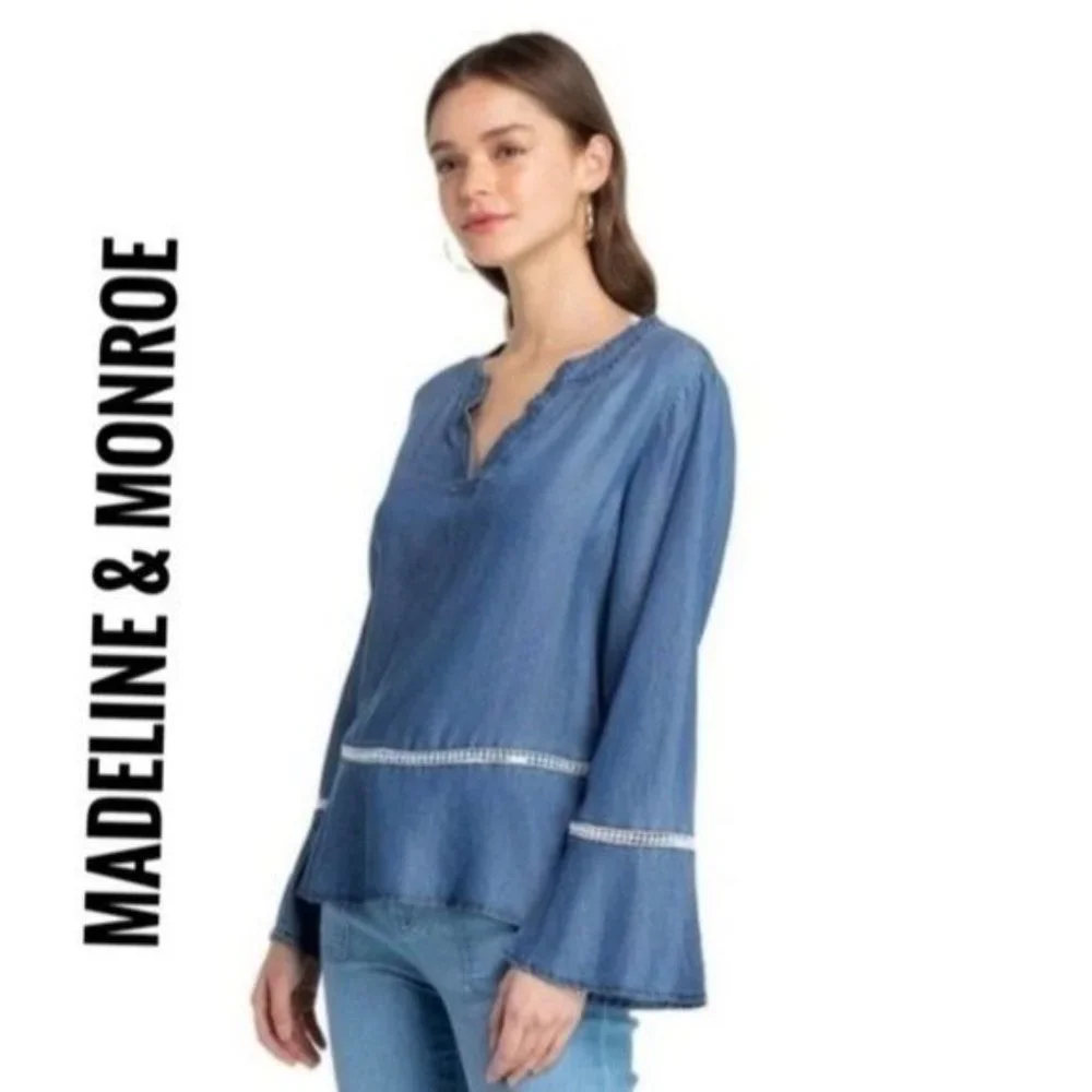 Madeline & Monroe Blouse Blue Chambray, Bell Sleeves Top Size S